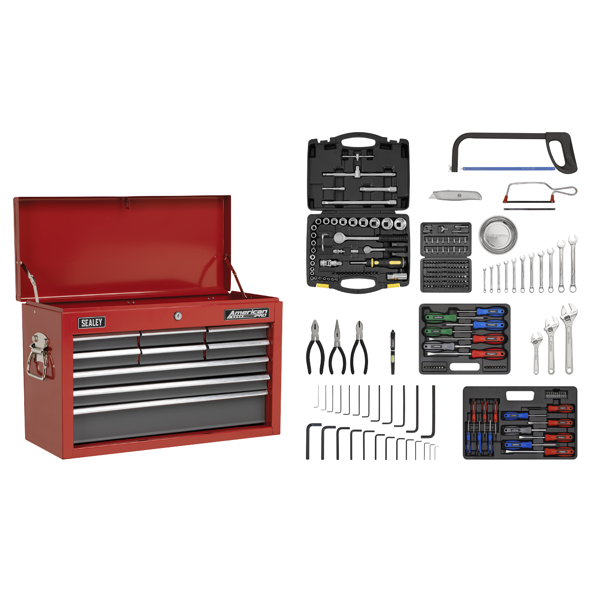 Sealey AP22509BBCOMB Topchest 9 Drawer with Ball-Bearing Slides - Red/Grey & 205pc Tool Kit