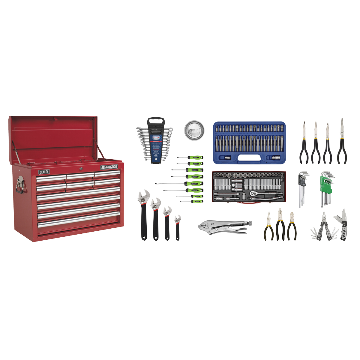 Sealey AP33109COMBO Topchest 10 Drawer with Ball-Bearing Slides - Red & 140pc Tool Kit