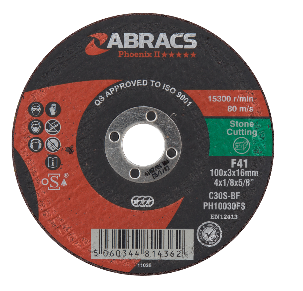 Abracs Phoenix II Flat Stone Cutting Discs, 100mm x 3mm x 16mm - Pack of 25,PH10030FS