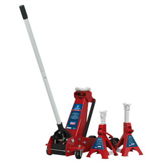 Sealey 3010CX Trolley Jack 3 Tonne Standard Chassis with Axle Stands (Pair) 3tonne Capacity per Stand